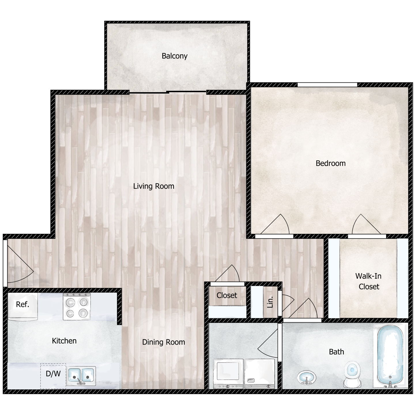 Floor plan for 1 bed, 1 bath, 672 sqft